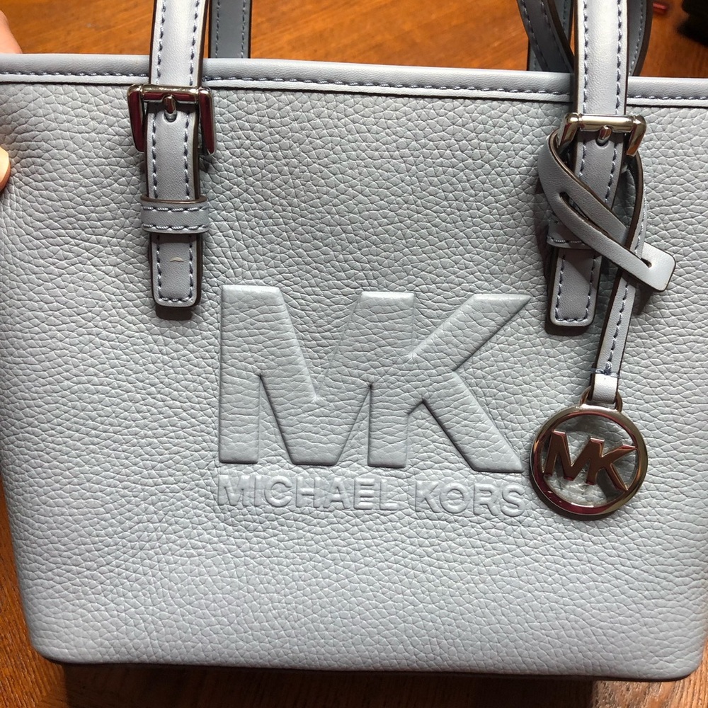 Michael Kors Light Gray/Blue Embossed MK Logo Tote